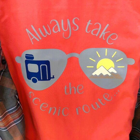 Upcycled Pullover Shirt, M-L: Reworked Scenic Route Graphic Tee, Camping Travel - Picture 4 of 11